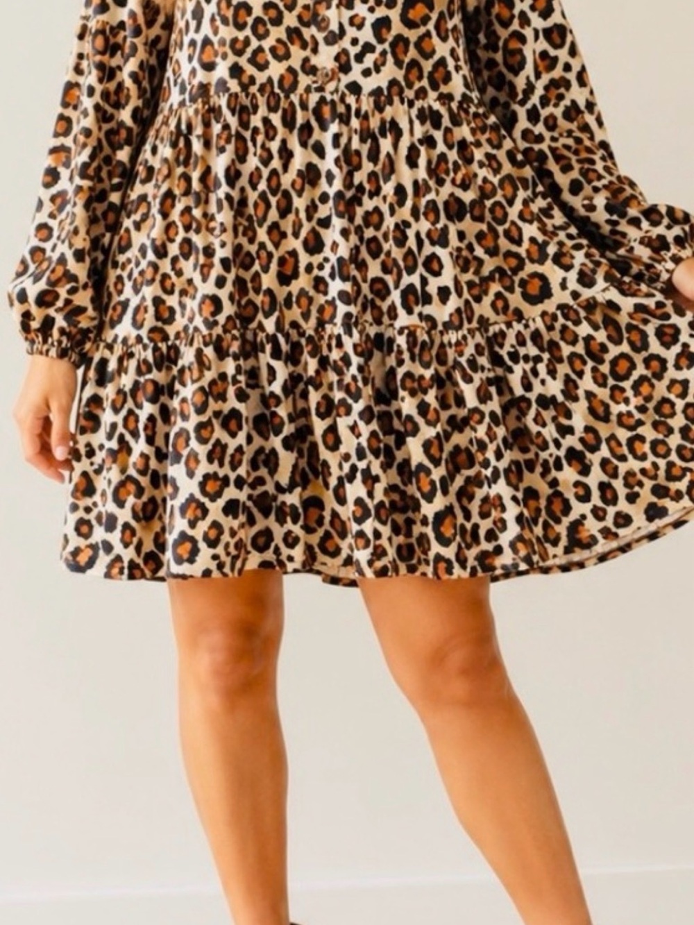 Entro Ivory Leopard Tiered Ruffle Long Sleeve Babydoll Flounce  Dress  Size XL